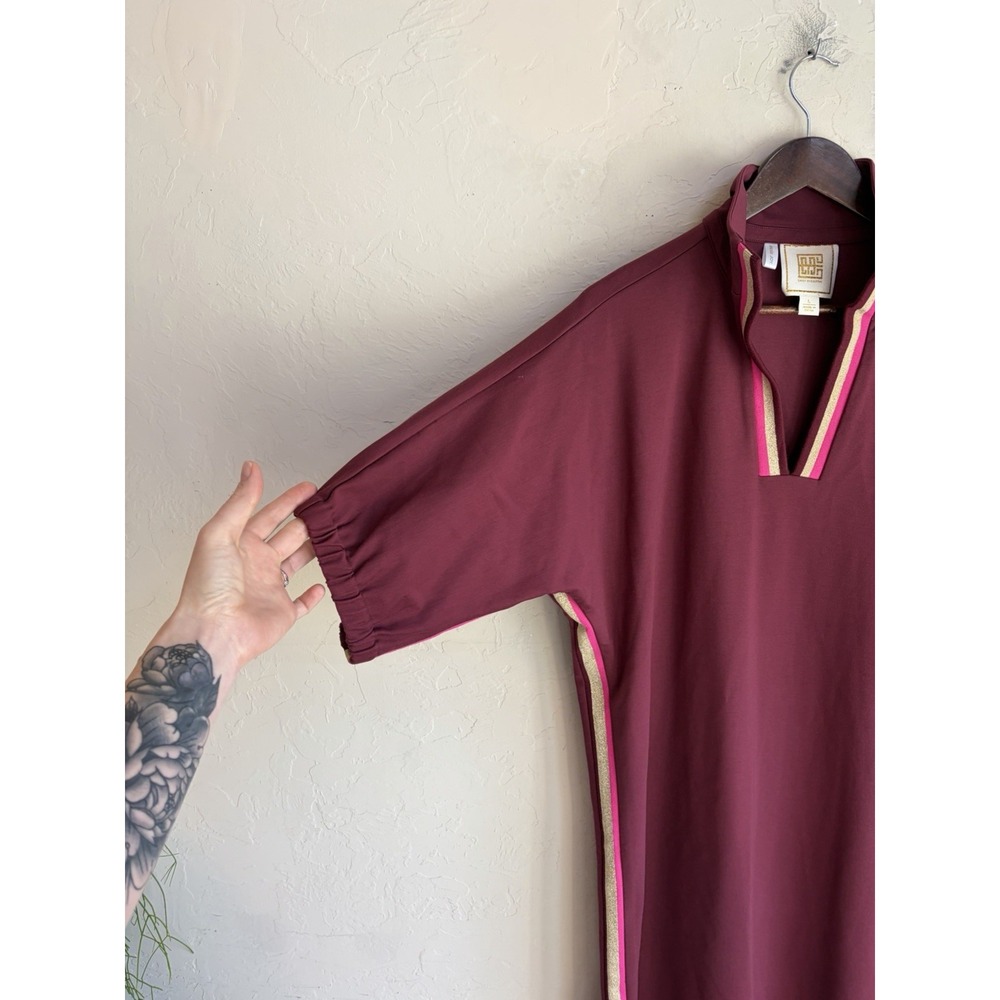 Emily McCarthy Poppy Caftan Dress L Midi Maxi Plum Ponte Preppy Metallic Stripe - Picture 4 of 7